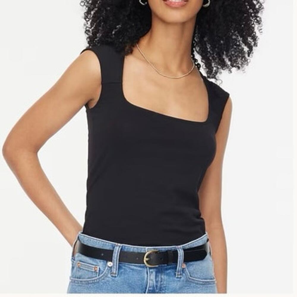 J.Crew Factory Cap Sleeve Stretch Cotton Blend Square Neck Tank Top Black S NWT